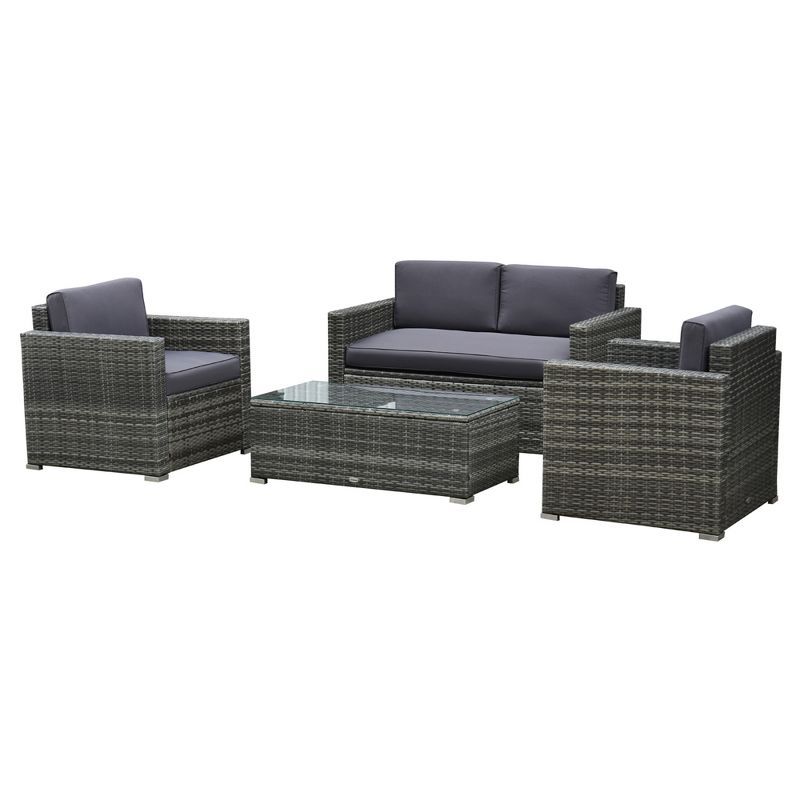 Gray 4-Piece Rattan Wicker Outdoor Furniture Set with Cushions