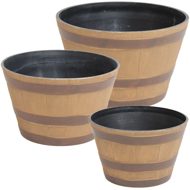 Rustic Cask Brown Resin Planter Set for Outdoor Elegance