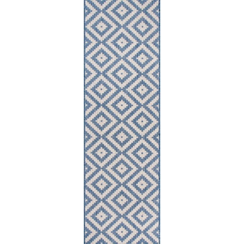 Blue and Ivory Geometric Polypropylene Indoor/Outdoor Runner Rug, 2' x 8'