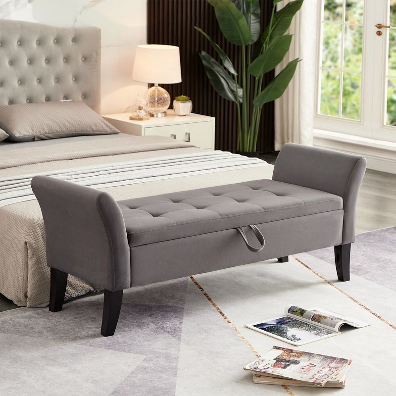 51.5'' Gray Velvet Tufted Storage Ottoman Bench with Arms