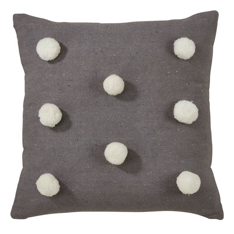 Gray Cotton Pom Pom Boho-Chic Throw Pillow