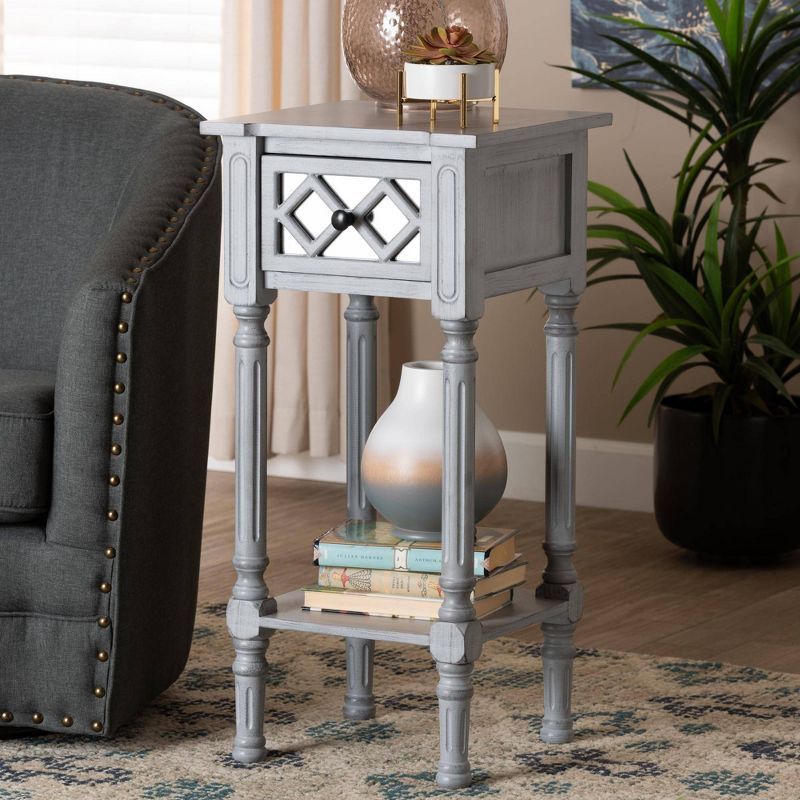 Gray Wood Accent Table with Mirrored Drawer and Storage Shelf