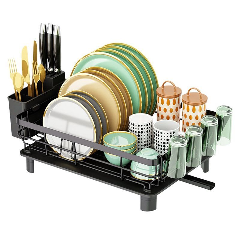 Black Carbon Steel Multi-Functional Dish Drying Rack with Utensil Holder