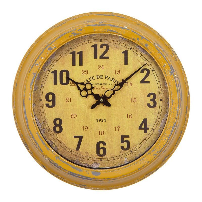 Distressed Yellow Iron Round Wall Clock with Vintage Face