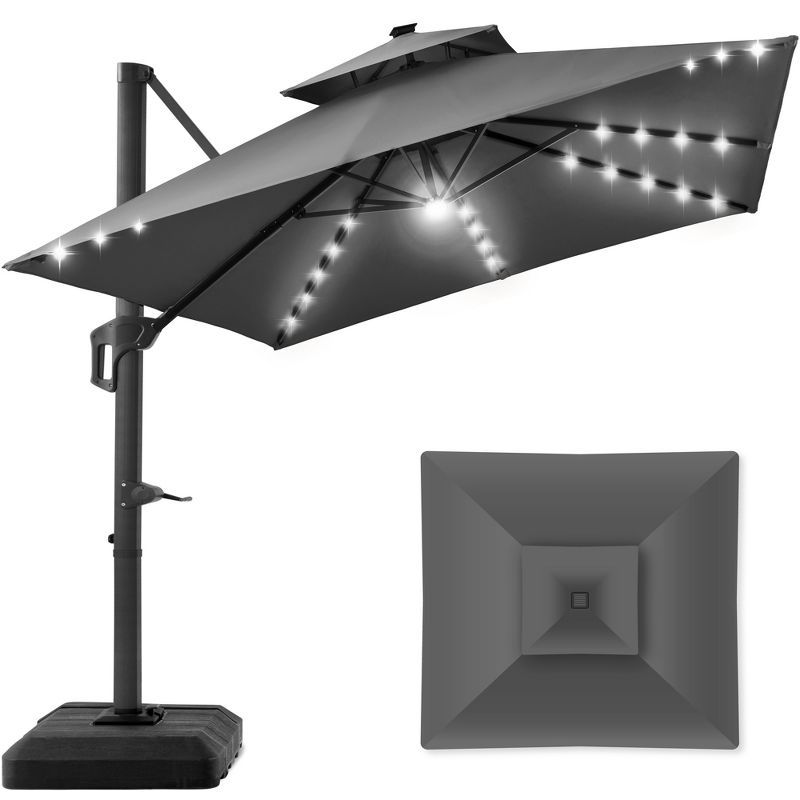 Gray 10ft 2-Tier Square Cantilever Patio Umbrella with Solar LED Lights