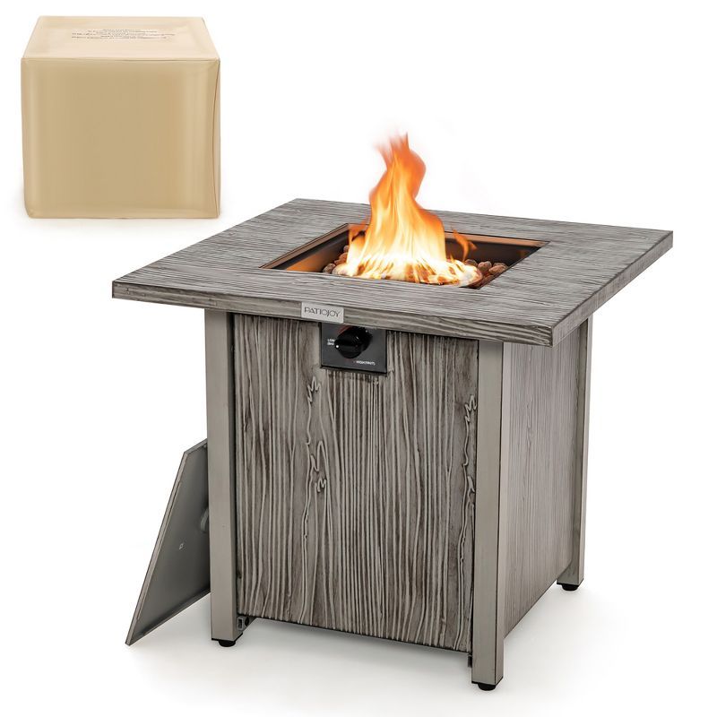 Gray 28'' Square Gas Fire Pit Table with Lid and Lava Rocks