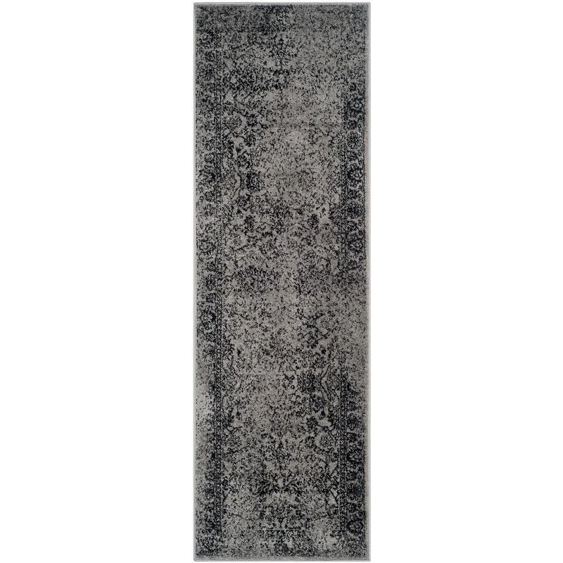 Grey and Black Synthetic Patterned Runner Rug