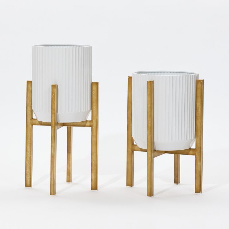 Set of 2 White Textured Metal Planters with Gold Stands