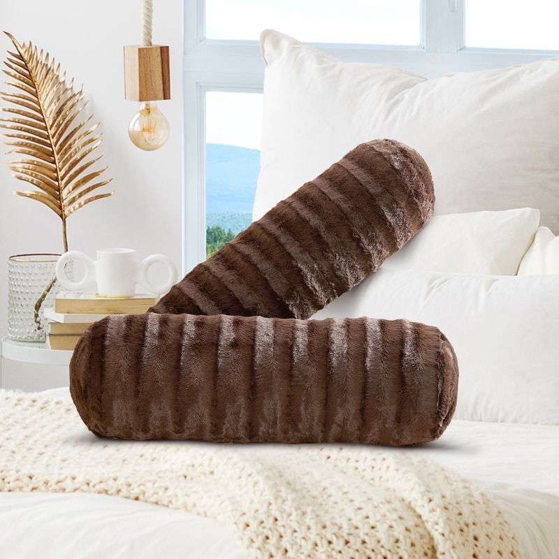 Brown Faux Fur Bolster Pillow Set for Lumbar Support