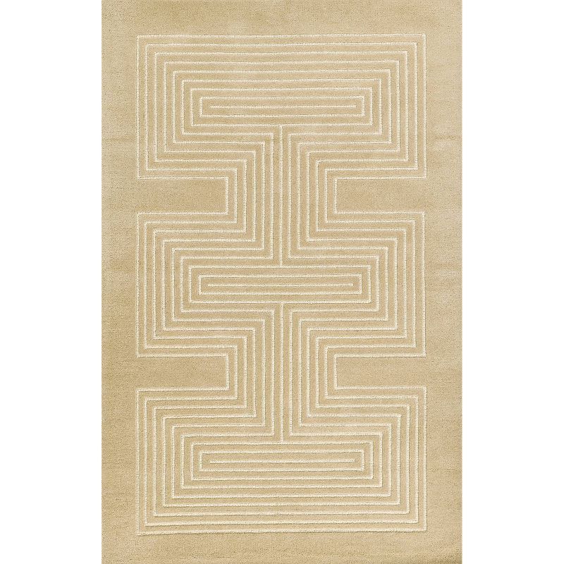 Beige Geometric Hand-Tufted Wool Rectangular Rug 2'x3'