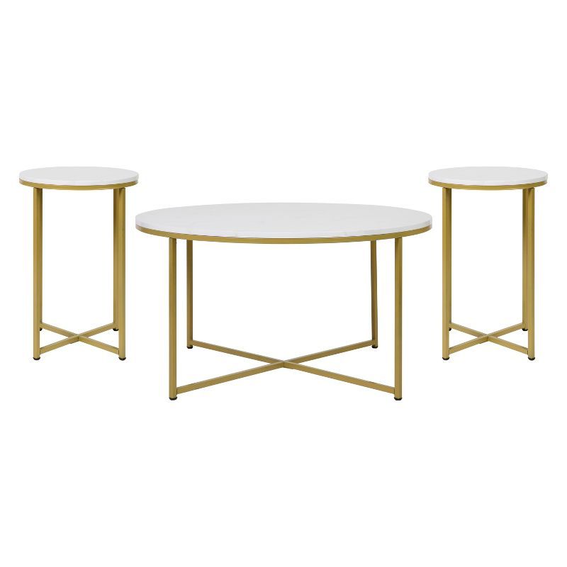 Sophia White Marble and Brushed Gold 3-Piece Coffee Table Set