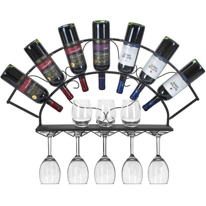 Black Metal Wall Mounted Wine Rack with Glass Holder