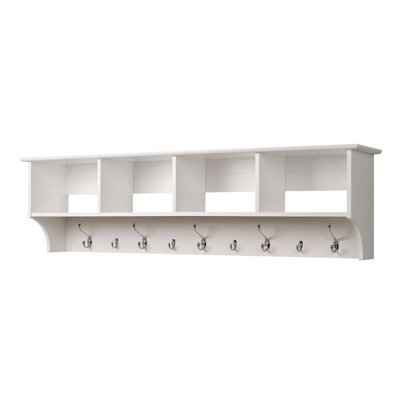 Expansive White Laminated Entryway Hanging Shelf with Hooks