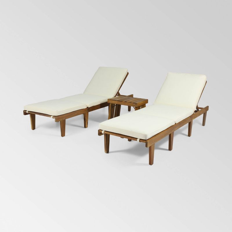 Teak and Cream Acacia Wood 3-Piece Chaise Lounge Set