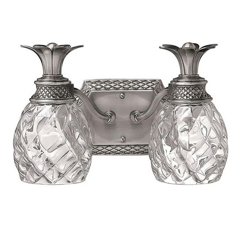 Elegant Polished Antique Nickel 2-Light Outdoor Vanity with Clear Optic Glass