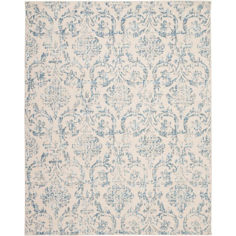Elegant Ivory and Blue Damask 7' x 10' Synthetic Area Rug
