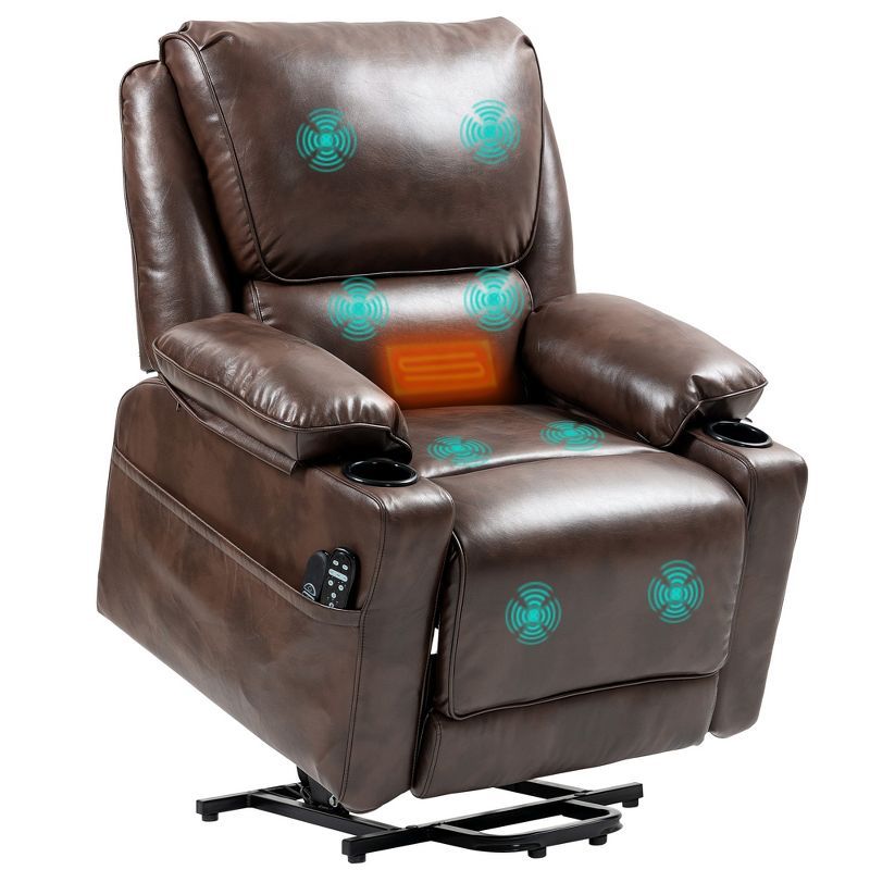 Brown Faux Leather Heated Massage Recliner with Metal Base
