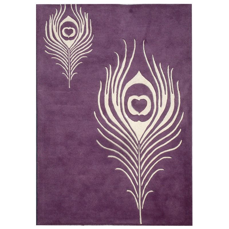 Purple and Ivory Tufted Wool Area Rug with Peacock Feather Design