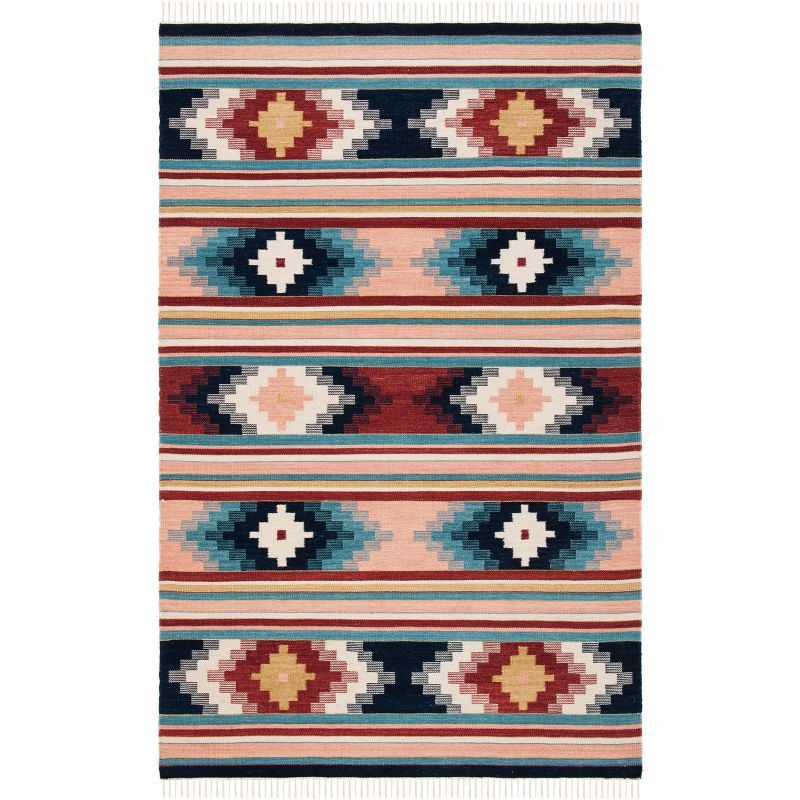 Handmade Blue and Pink Wool 4' x 6' Kilim Area Rug