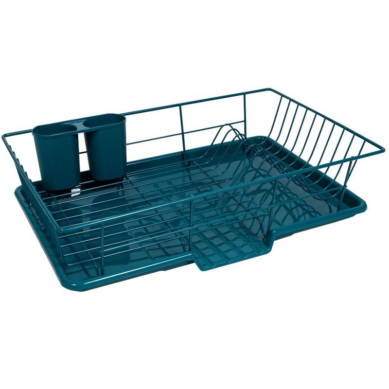 Teal Steel 3-Piece Countertop Dish Drainer with Utensil Cup