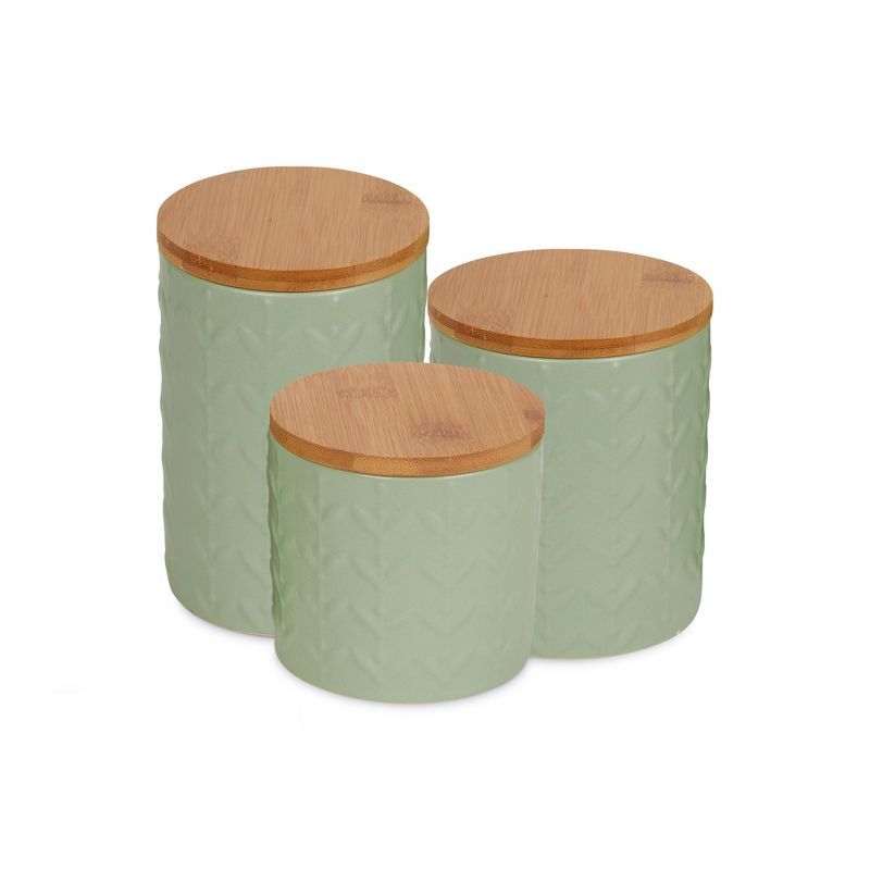Retro Green Ceramic Canister Set with Bamboo Lids, 3-Piece