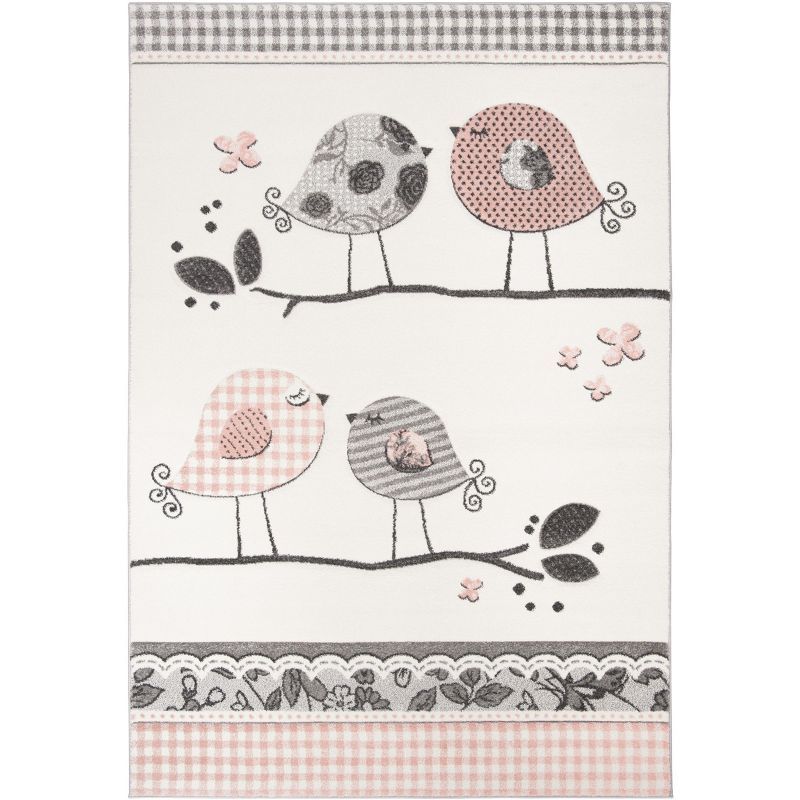 Ivory and Pink Birds Design Kids Area Rug