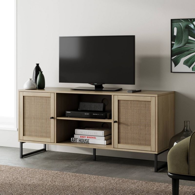 54'' Mina Matte Black and Light Oak Media Console with Rattan Cabinet Doors