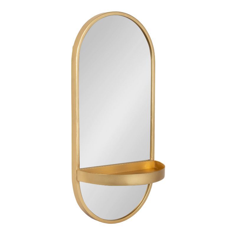 Gold Oval Metal Wall Mirror with Shelf, 11" x 25"