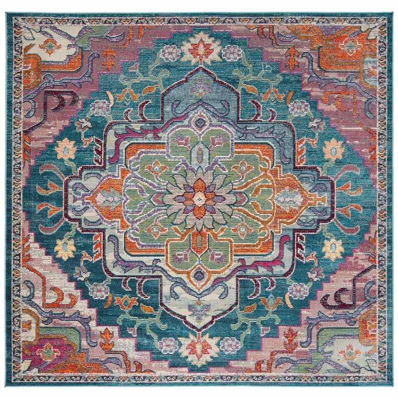 Teal & Rose Floral Medallion 5' Square Reversible Area Rug