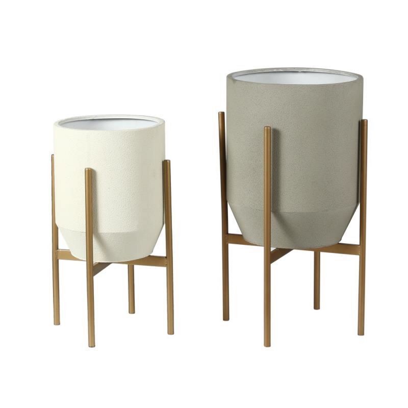 Set of 2 Gray and Off White Metal Planters with Gold Stand