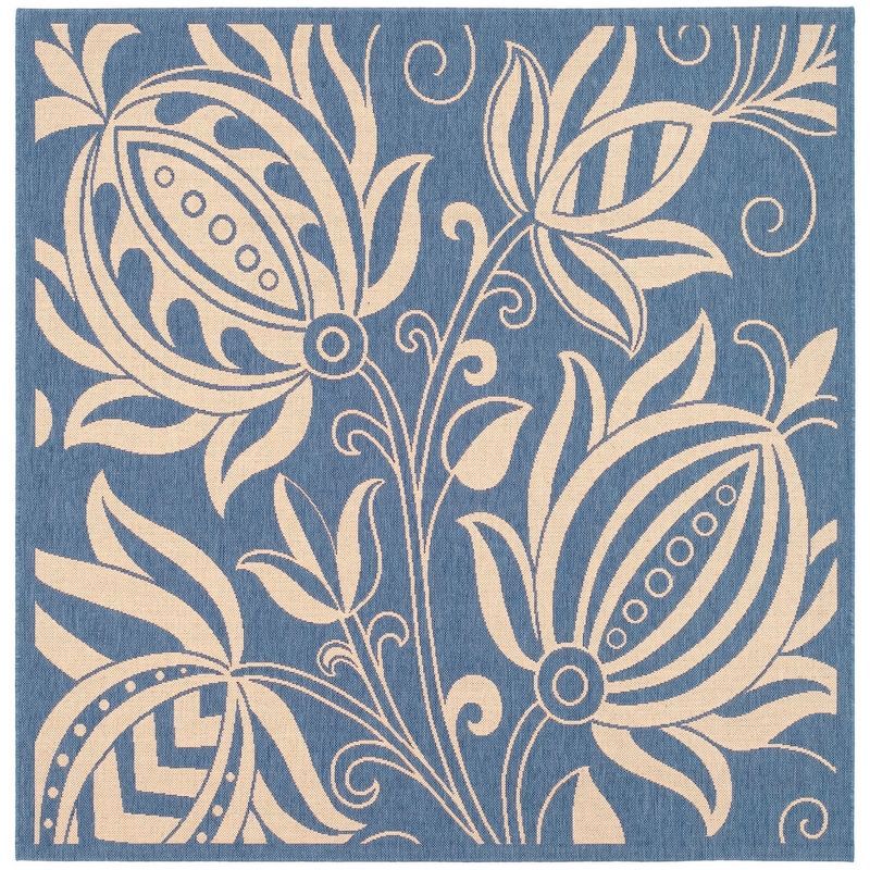 Reversible Easy-Care Blue & Natural Square Synthetic Area Rug