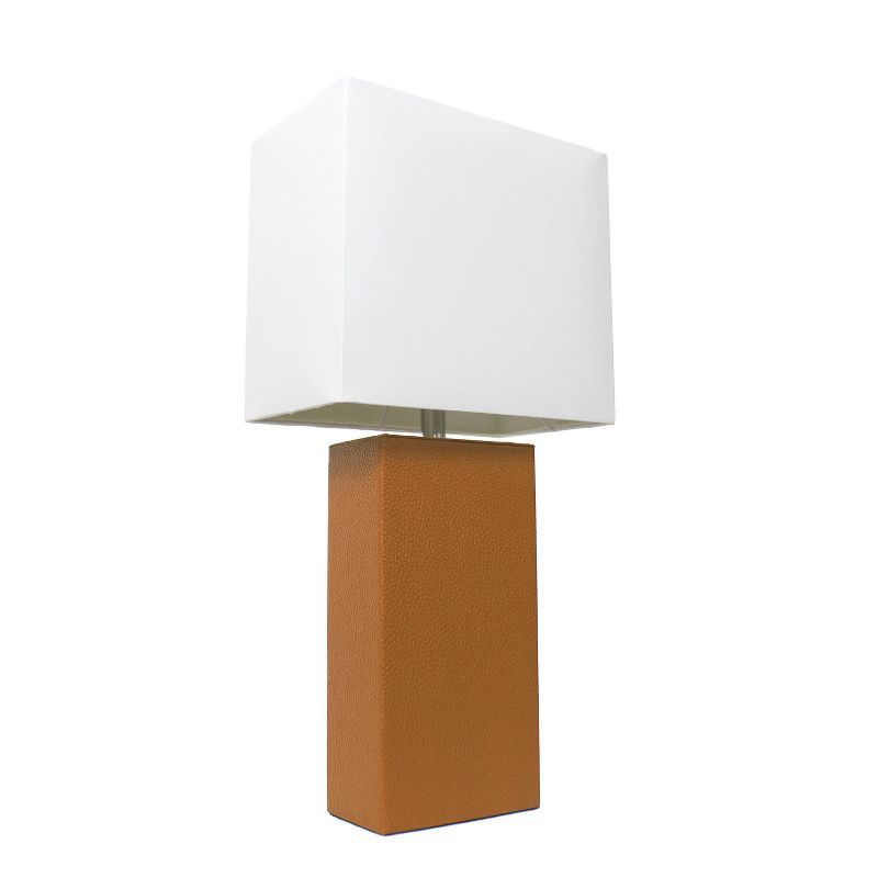 Tan Leather Desk Lamp with White Fabric Shade