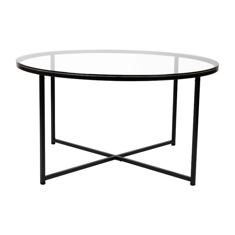 Elegant 35.5" Round Clear Glass Coffee Table with Matte Black Frame