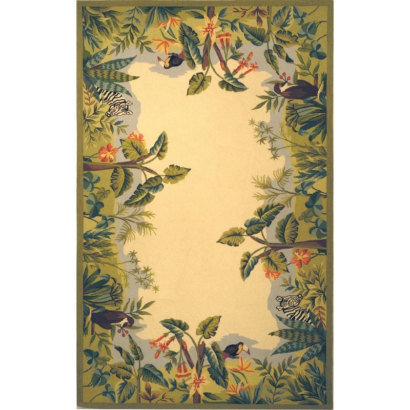 Beige and Green Floral Wool Hand-Hooked Area Rug