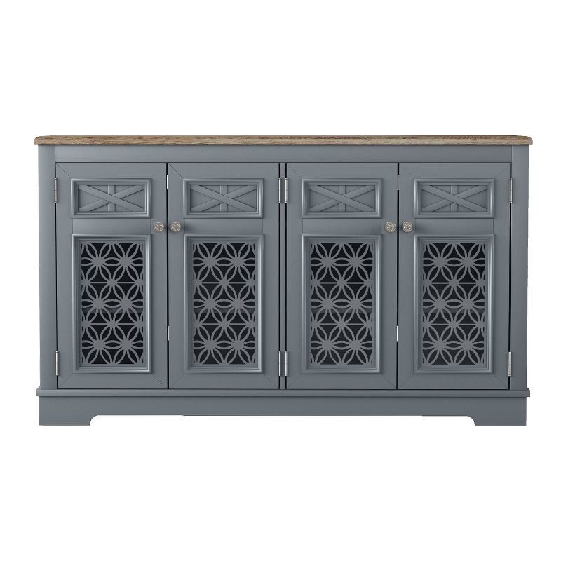 Vintage Gray Wood Buffet Sideboard with Glass Doors and Adjustable Shelves