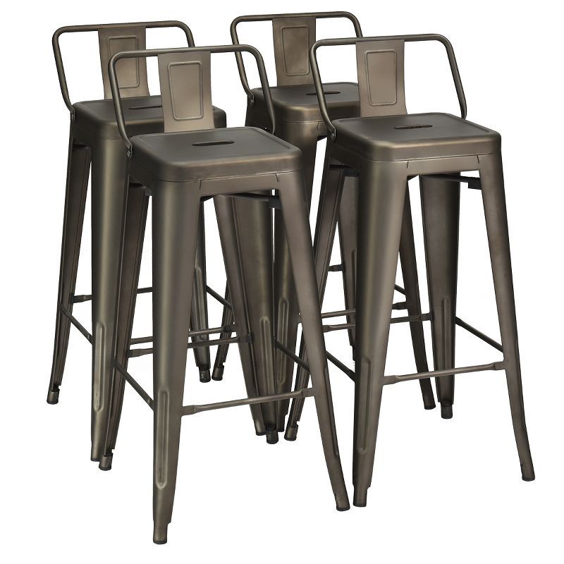 Gunmetal Industrial High Back Metal Bar Stools, Set of 4