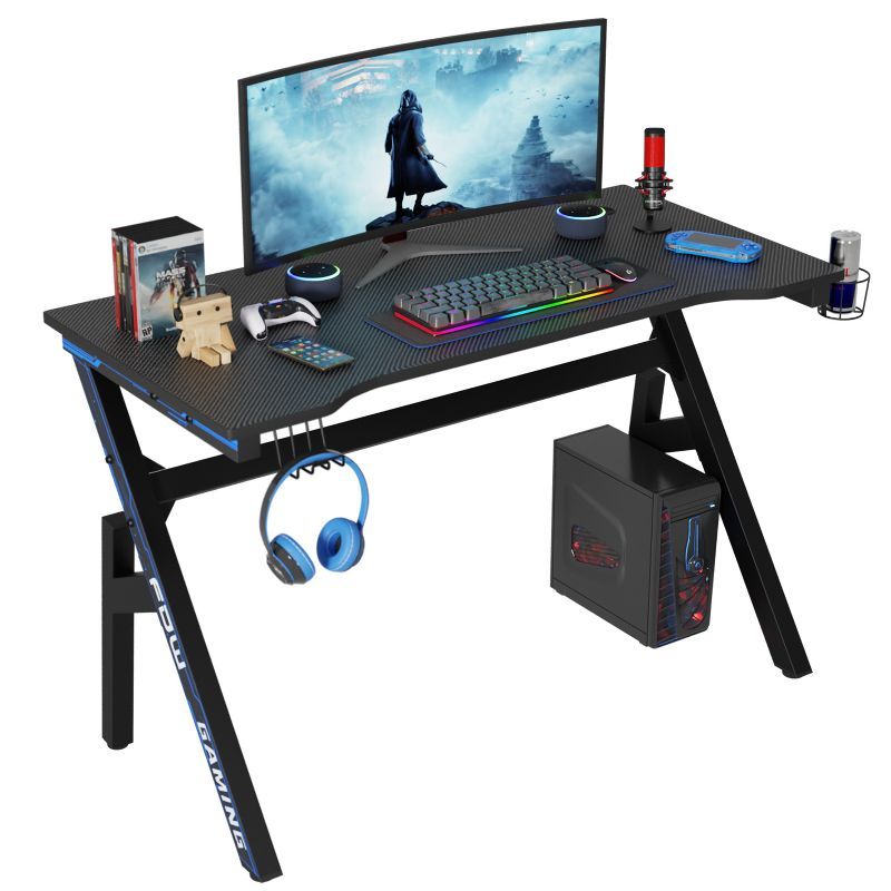 Black Carbon Fiber Gaming Desk with Cup Holder and Headphone Hook