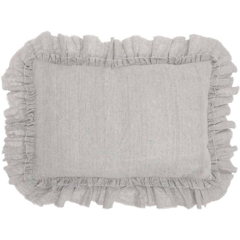 Gray Linen Rectangular Throw Pillow with Frilled Border