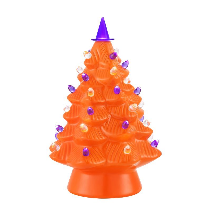 Orange Ceramic Halloween Tree with LED Lights and Witch Hat Topper