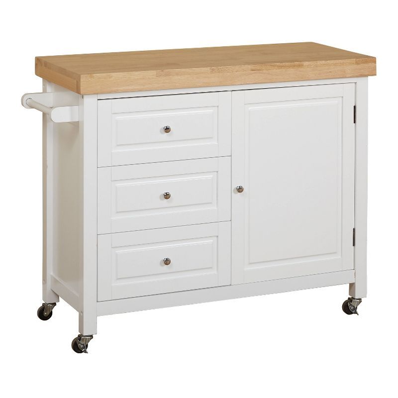 White and Natural Rubberwood Kitchen Cart with Storage and Wheels