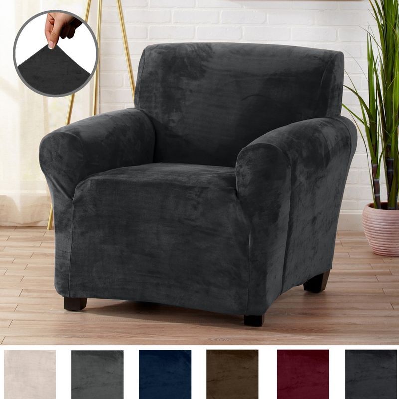 Plush Dark Grey Velvet Stretch Recliner Chair Slipcover