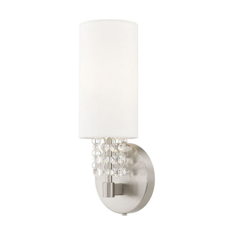 Brushed Nickel Crystal Sconce with White Fabric Shade