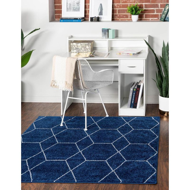 Navy Blue Square Synthetic Trellis Easy-Care Area Rug