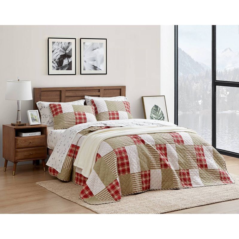 King Size Red and Beige Cotton Reversible Quilt Set