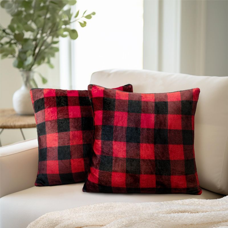 Red and Black Plaid Velvet Flannel Euro Pillow Covers, Set of 2