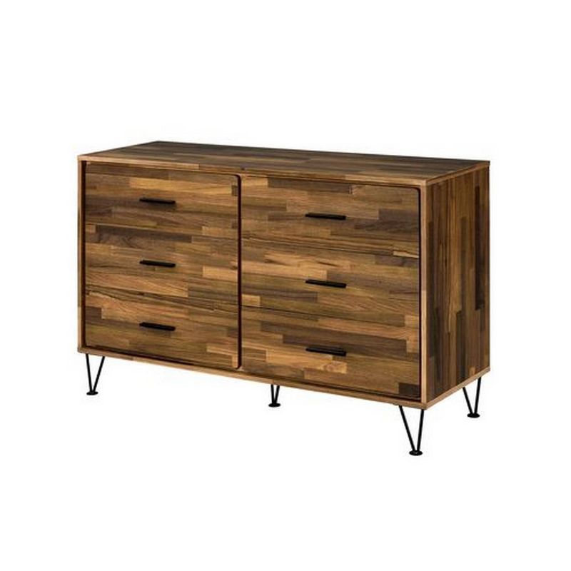 Double Horizontal Brown Dresser with Butcher Block Pattern and Metal Accents