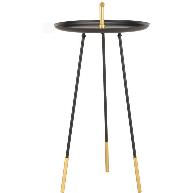 Transitional Round Black & Gold Metal-Wood Side Table with Handle