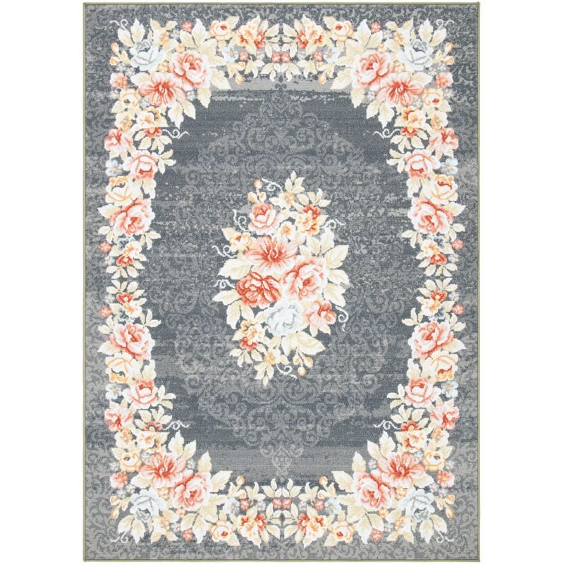 Gray and Pink Floral Bordered Rectangular Wool Rug