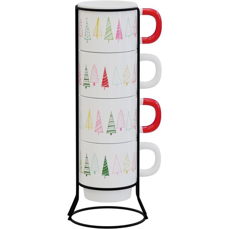 Christmas Ceramic Mug Set with Red Handles and Metal Rack