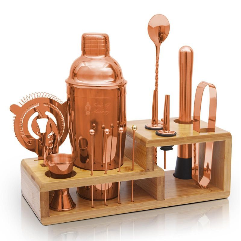 Rose Gold Stainless Steel Bartender Kit with Bamboo Stand